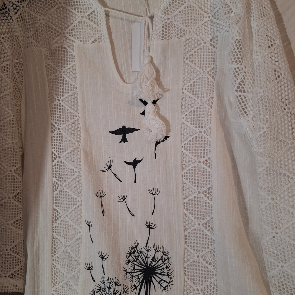Women’s White Lace Panel Blouse with Black Dandelion Print